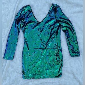 Purple Green Color Shift Sequin Mini Dress Long Sleeve *AS IS, BROKEN ZIPPER*